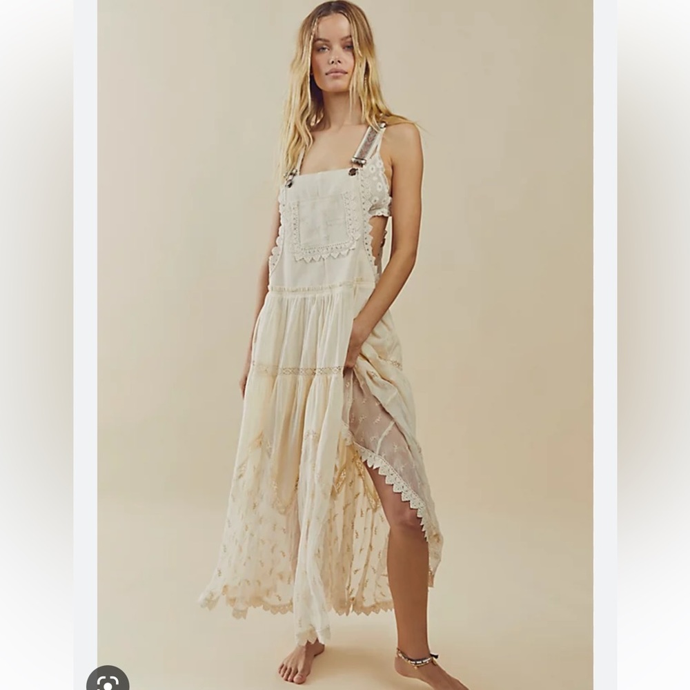 Free People Trails End Lace Crochet Vintage Overalls Maxi Dress Skirtall